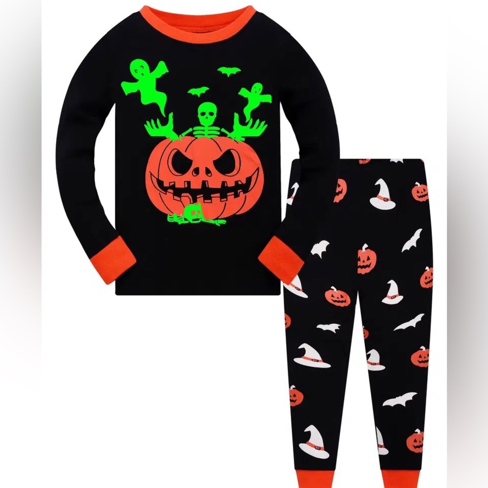 Kids Glow In The Dark Pumpkin Skull Ghost Long Sleeve Pajamas